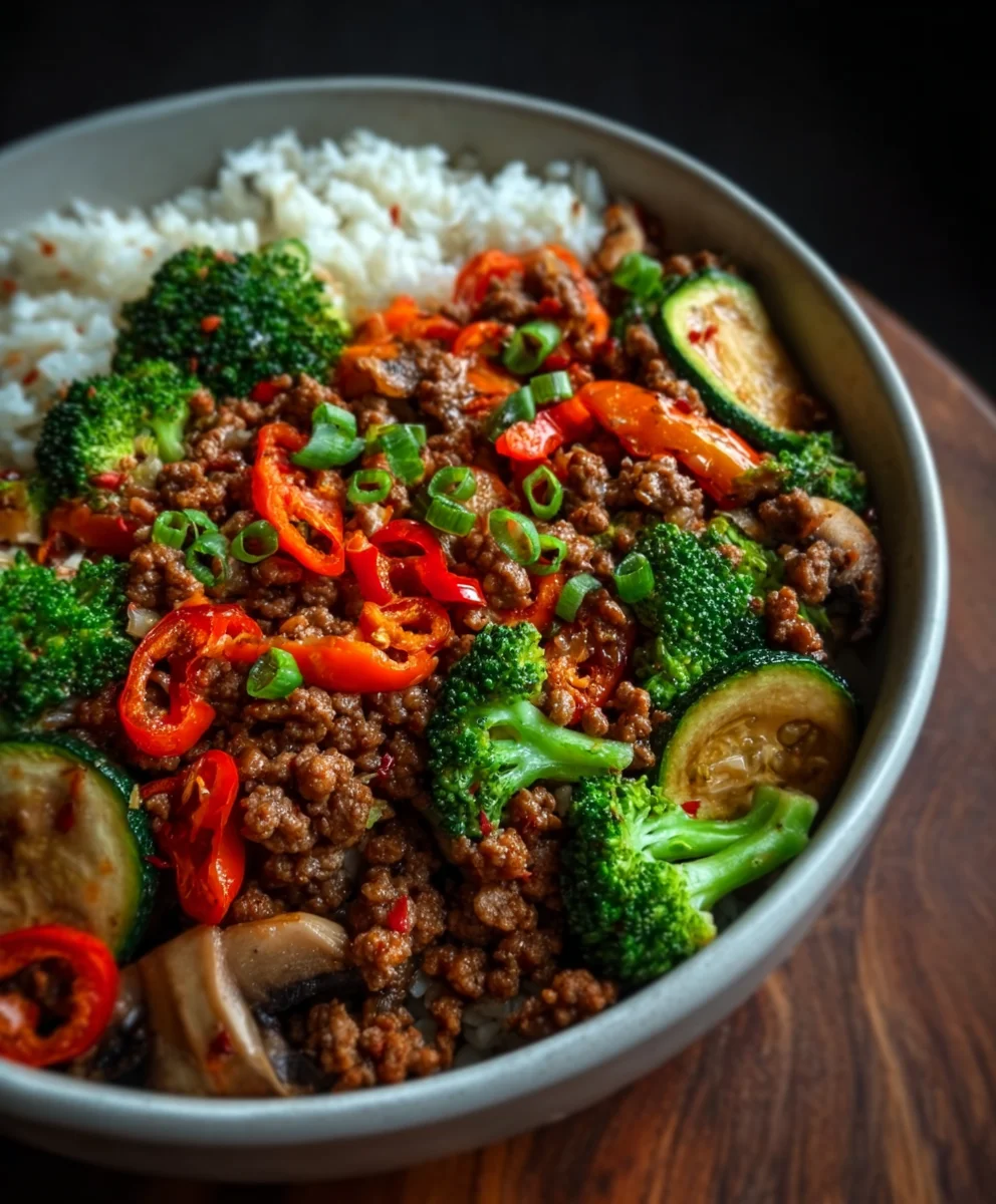 Spicy Ground Beef Stir-Fry Garlic Veggies Rice Bowl
