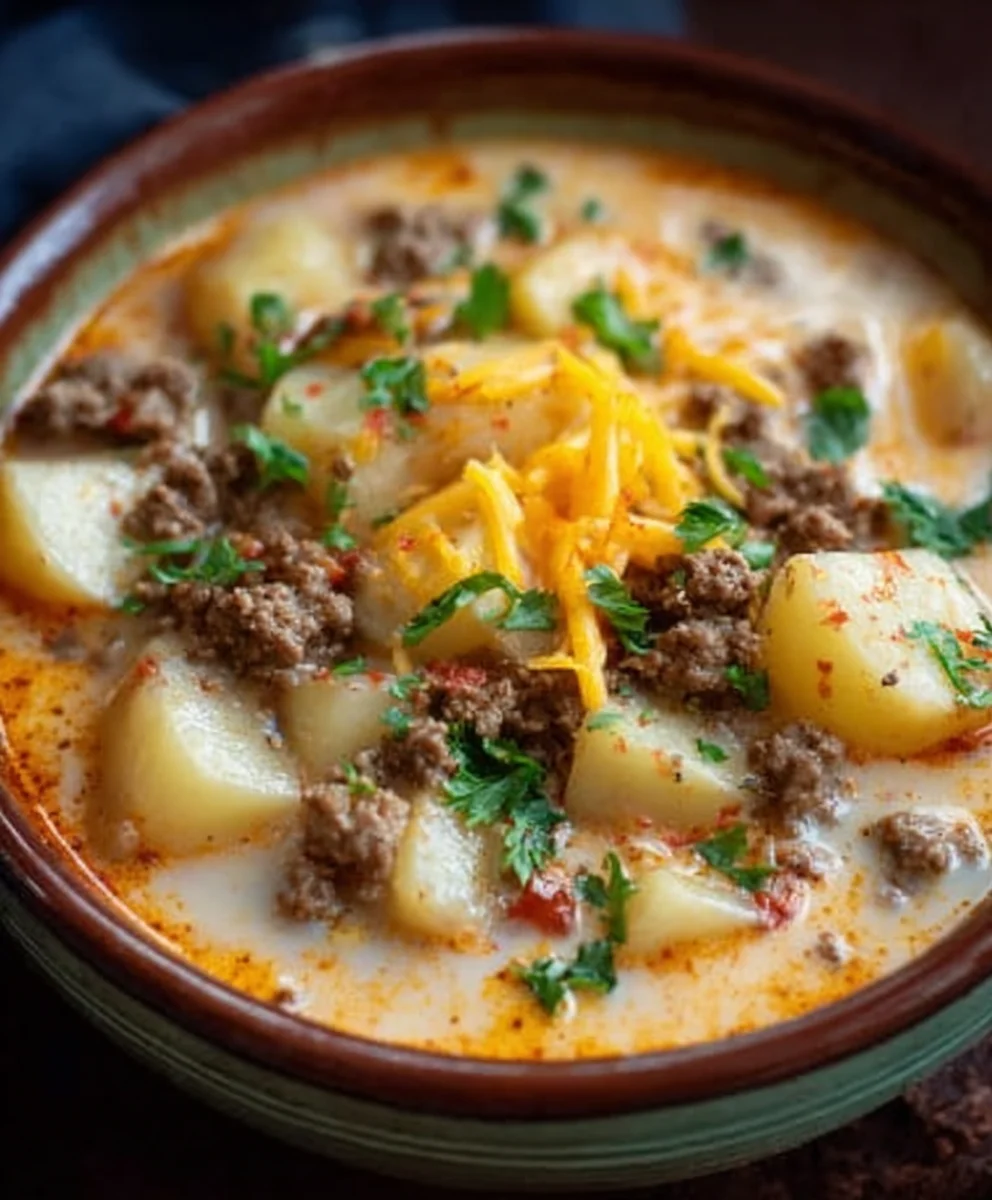 Cheesy Beef Beef Hamburger Potato Soup Recipe-Comfort Food