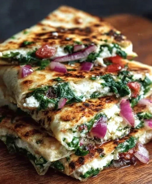 Mediterranean Quesadillas with Spinach, Feta, Mozzarella, and Red Onion