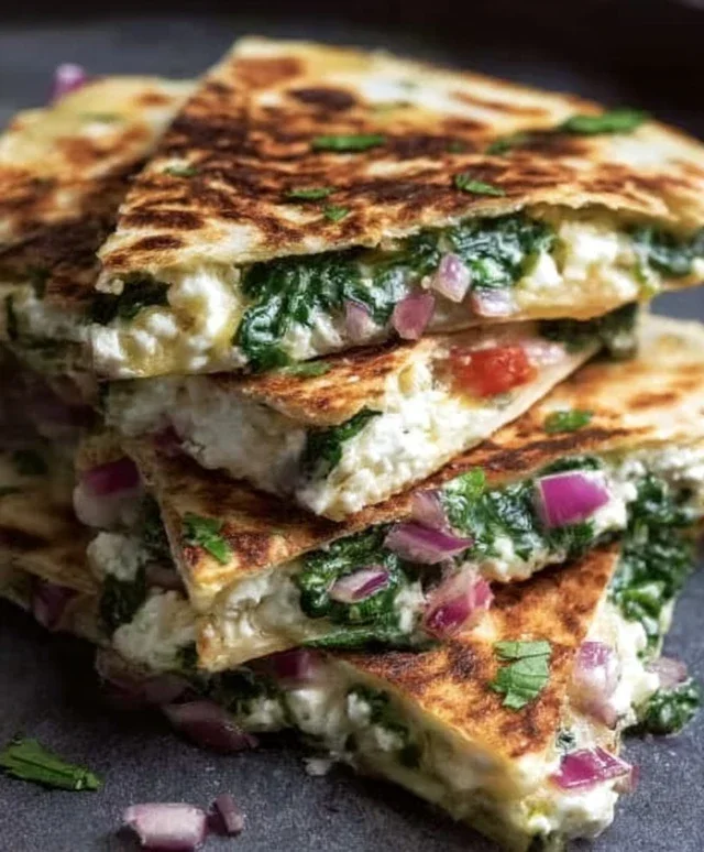 Mediterranean Quesadillas with Spinach, Feta, Mozzarella, and Red Onion